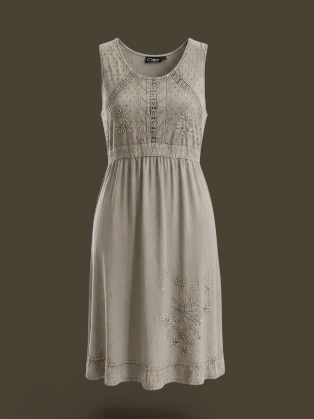 Coline  Sleeveless Embroidered Midi Dress in Taupe